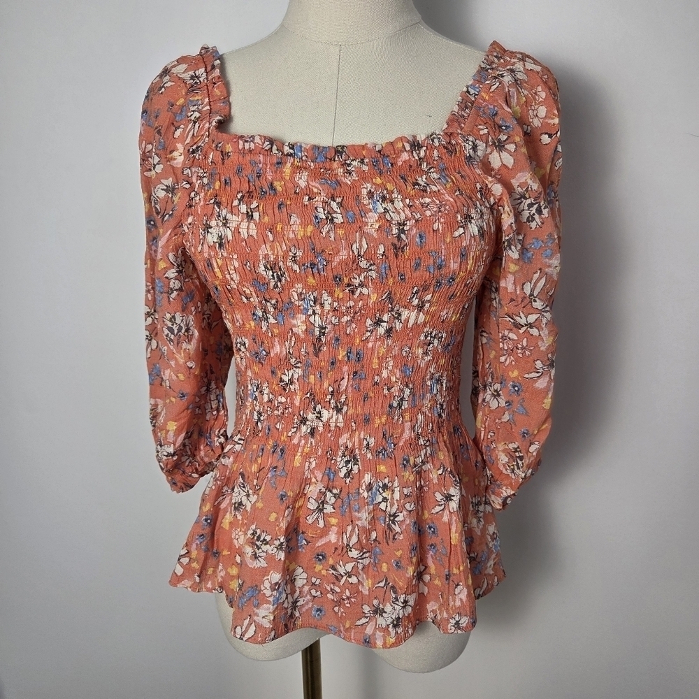 Nanette Lepore Floral Ruffled Smocked Peplum Blouse - Picture 2 of 12